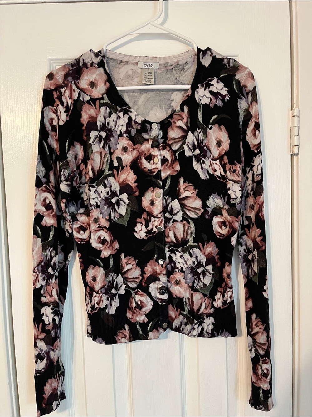 Cache Black Floral Button-Front Women’s Cardigan with Pink Flowers